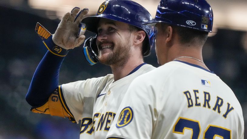 Milwaukee Brewers' Brice Turang reacts after hitting an RBI single during the sixth inning of a baseball game against the Philadelphia Phillies Monday, Sept. 16, 2024, in Milwaukee. (AP Photo/Morry Gash)