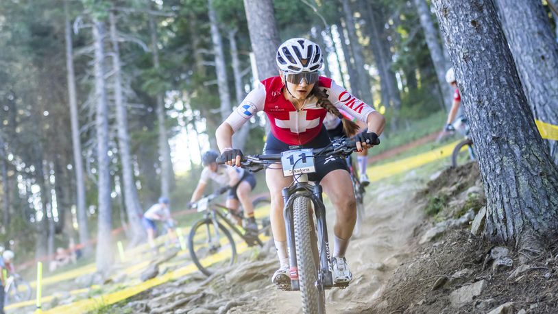 FILE - Muriel Furrer from Switzerland, in action during the UCI Cross Country Junior Women, XCO, Mountain Bike World Championship, Aug. 30, 2024, in Pal Arinsal, Andorra. (Maxime Schmid/Keystone via AP, File)