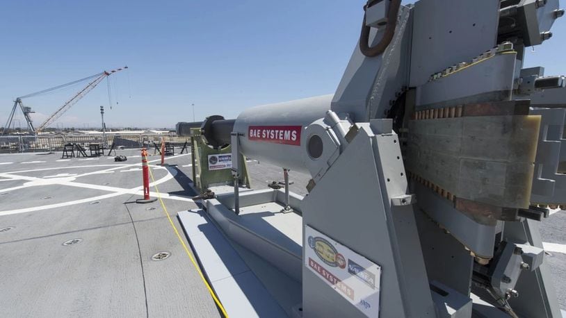 A 2014 photo of a Navy electromagnetic railgun prototype, then one of two on display aboard the high-speed vessel USS Millinocket (JHSV 3) in port at Naval Base San Diego. (U.S. Navy photo)