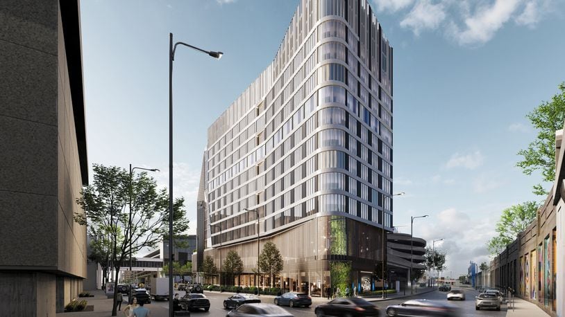 A conceptual rendering of what a new headquarters hotel could look like across from the Dayton Convention Center in downtown Dayton. CONTRIBUTED BY MEYERS+ASSOCIATES