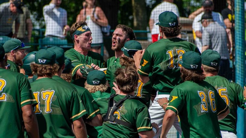 Wright State's Andrew Patrick is congratulated by teammates after hitting a three-run, walk-off home run Saturday against Northern Kentucky that clinched the Horizon League regular-season title for the Raiders. Jordan Wommack/Wright State Athletics