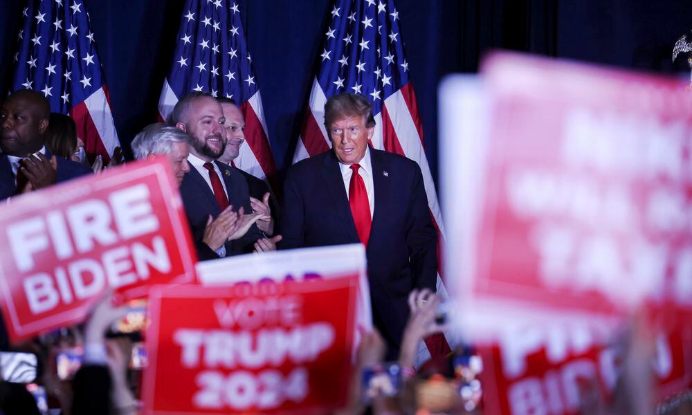  FILE — Former President Donald during a watch party on the night of the South Carolina Republican primary, in Columbia, S.C., on Feb. 24, 2024. A state judge in Illinois ruled Wednesday, Feb. 28, 2024, that Trump had engaged in insurrection and was ineligible to appear on the state’s primary ballot. (Travis Dove/The New York Times) 