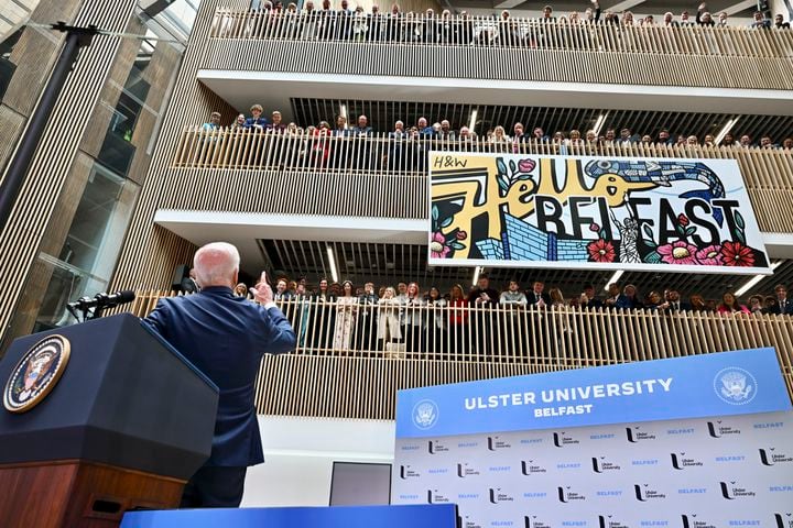 U.S. President Joe Biden delivers remarks to mark the 25th anniversary of the Belfast/Good Friday Agreement at Ulster University in Belfast, Northern Ireland, on April 12, 2023. (Kenny Holston/The New York Times)