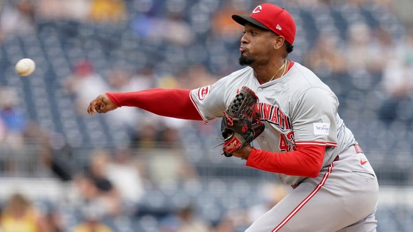 Cincinnati Reds relief pitcher Alexis Diaz delivers during the ninth inning of a baseball game against the Pittsburgh Pirates Sunday, Aug. 25, 2024, in Pittsburgh. (AP Photo/Matt Freed)