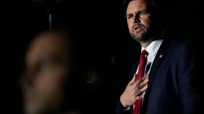 Republican vice presidential nominee Sen. JD Vance, R-Ohio, speaks during the Georgia Faith and Freedom Coalition's dinner at the Cobb Galleria Centre, Monday, Sept. 16, 2024, in Atlanta. (AP Photo/Mike Stewart)