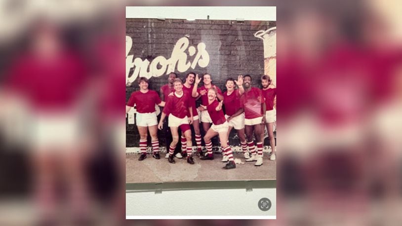 The 1985 Dayton Area Rugby Club’s 7s team that finished seventh in nation celebrates after game. CONTRIBUTED