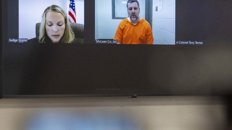 Morton County District Judge Bobbi Keller, left, and Ian Cramer, right, appear over a zoom call during a plea change hearing at the Morton County Courthouse on Friday, Sept. 20, 2024, in Mandan, N.D. (Tanner Ecker/The Bismarck Tribune via AP)