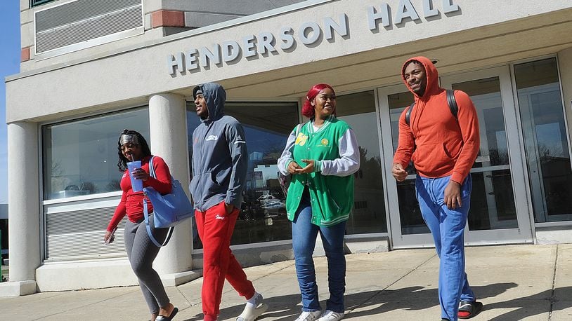 Wilberforce University students from left, Layla Cox, Kyle Carolenas, MaKayla Grimes and Malik Grimes coming out of Henderson Hall Thursday, March 9, 2023. MARSHALL GORBY\STAFF