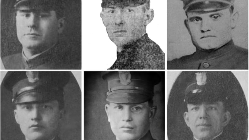 Six Dayton officers died between 1918-1920 of complications from Spanish Influenza after they had been ordered to close saloons that violated health orders, staff ambulances, keep crowds from gathering and remove corpses. The officers were, from left, top row, Patrolman Edward Michael Hennessey, Patrolman Emerson A. Glotfelter and Patrolman Troy Elmer Sine; bottom row, Patrolman Vinton E. Harsh, Patrolman Clement Leroy Francis and Patrolman Lawrence Robert Graham. Their names were added to the Ohio Peace Officers Memorial wall on Thursday, May 4, 2023. CONTRIBUTED