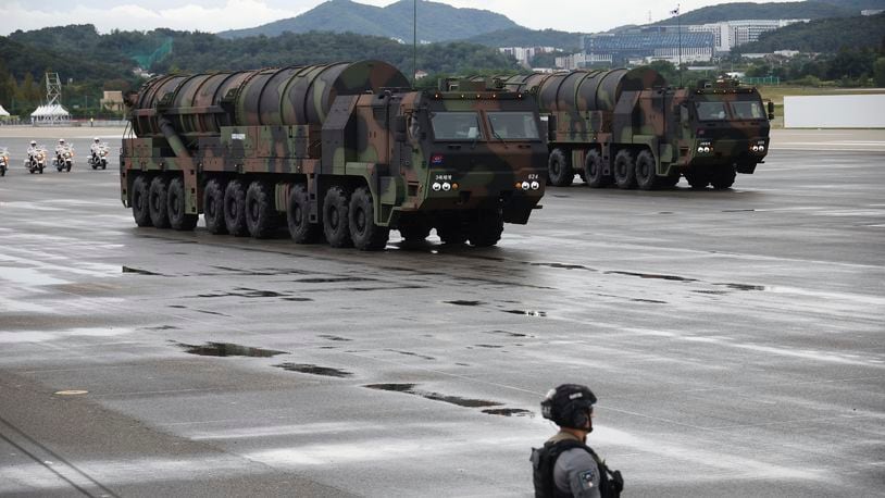 The Hyunmoo, surface-to-surface missile, march during a celebration to mark 76th anniversary of Korea Armed Forces Day, in Seongnam, South Korea, Tuesday, Oct.1, 2024. (Kim Hong-Ji/Pool Photo via AP)