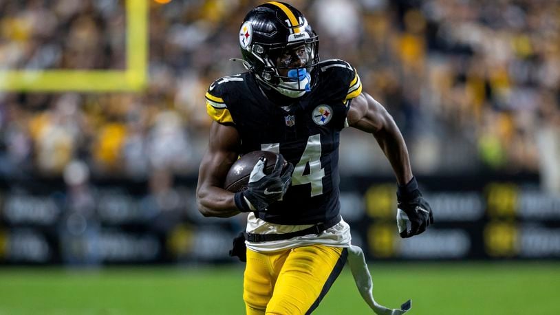 FILE - Pittsburgh Steelers wide receiver George Pickens (14) runs after a catch during an NFL football game, Sunday, Oct. 6, 2024, in Pittsburgh. (AP Photo/Matt Durisko)