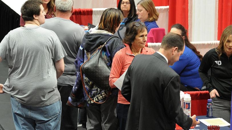 Job seekers visited UD Arena, Thursday, April 25, 2024 for the Spring job fair hosted by the Montgomery County Workforce Development. Job seekers had the opportunity to meet with nearly 150 local employers. MARSHALL GORBY\STAFF