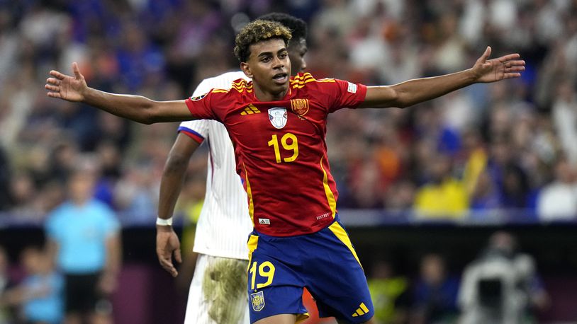 FILE - Spain's Lamine Yamal reacts during a semifinal match between Spain and France at the Euro 2024 soccer tournament in Munich, Germany, July 9, 2024. (AP Photo/Hassan Ammar, File)