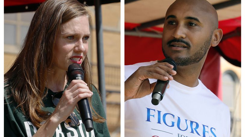 This combination of photos shows Alabama's new 2nd Congressional District Republican candidate Caroleene Dobson, left, and Democratic candidate Shomari Figures during the Macon County Day Festival in Tuskegee, Ala., on Saturday, Aug 31, 2024. (AP Photo/ Butch Dill)