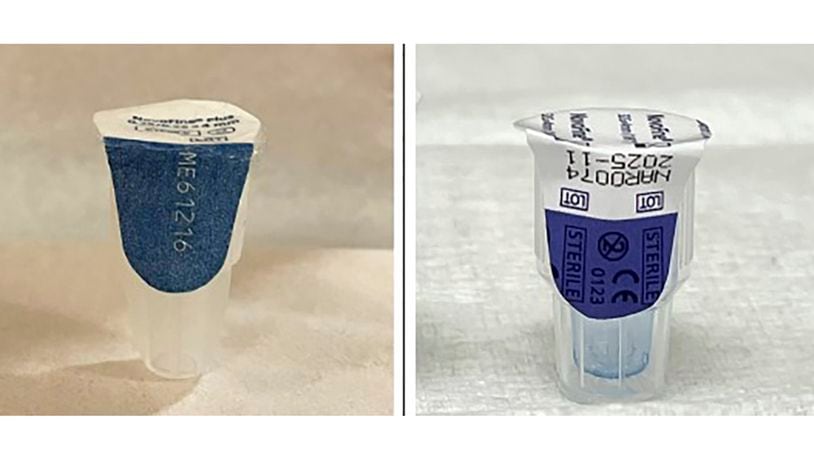 FILE - This photo combo provided by the FDA shows an authentic Ozempic needle, left and a counterfeit needle, right. The World Health Organization and drugmaker Eli Lilly and Co. are warning people to be wary of fake versions of popular weight-loss and diabetes medicines. (FDA via AP)