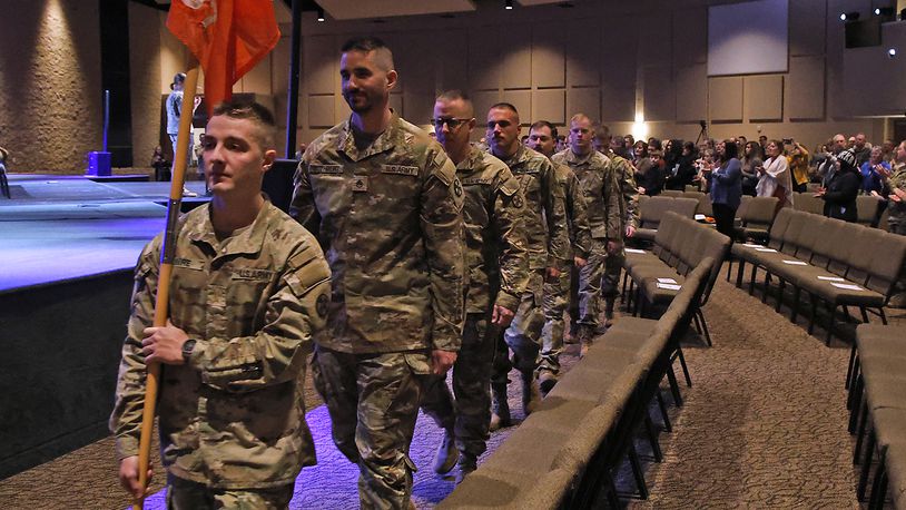 Members of the Ohio Army National Guard's 1137th Signal Company participated is a Call to Duy Ceremony Friday, Feb. 12, 2024 at the First Christian Church. The company is being deployed for nine months is support of U.S. Central Command. BILL LACKEY/STAFF