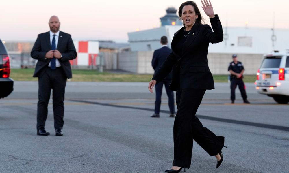 Democratic presidential nominee Vice President Kamala Harris arrives at LaGuardia Airport, Monday Oct. 7, 2024, in New York. (AP Photo/Jacquelyn Martin)