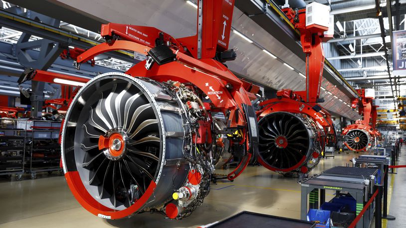 The LEAP-1A engines are pictured in the Safran Aircraft Engines site in Villaroche, near Paris, ahead of the Paris Air Show, Friday June 16, 2023. (Gonzalo Fuentes/Pool via AP)