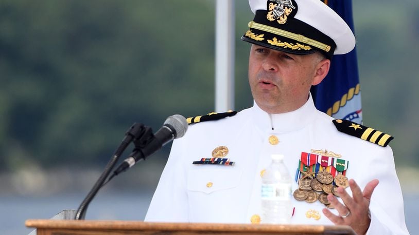 Commander Matthew Beach, a Springfield native, delivers remarks during a change-of-command ceremony for USS Hyman G. Rickover in Groton, Conn. Aug. 2. (U.S. Navy photo by Chief Petty Officer Joshua Karsten)