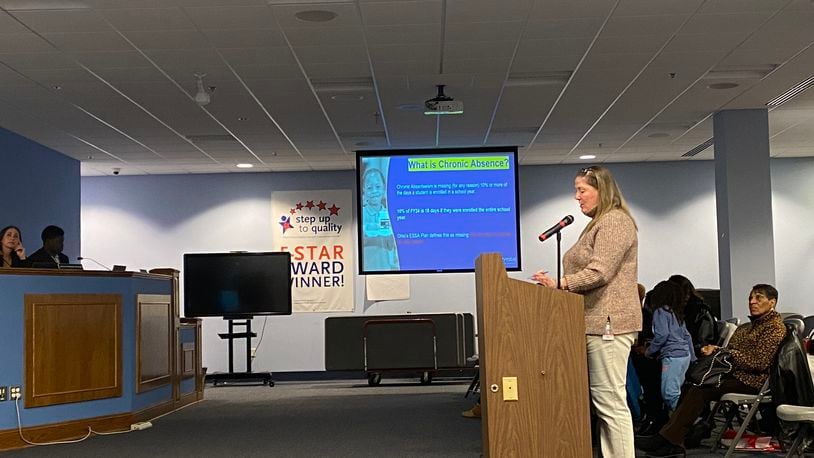 Rebekka Rodgers, Attendance Intervention & Student Services Specialist, presents chronic absenteeism data on Tuesday, Jan. 9, 2024. Eileen McClory / staff