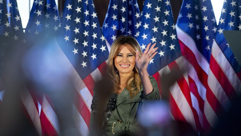 FILE - First lady Melania Trump speaks during a campaign rally in Atglen, Pa., Oct. 27, 2020. (AP Photo/Laurence Kesterson, File)