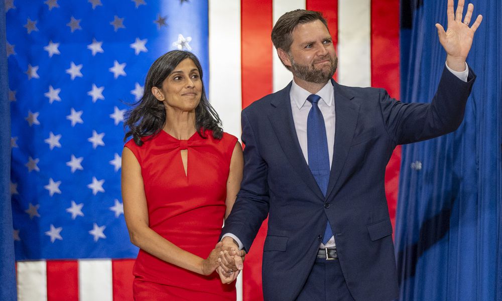 FILE - Republican vice presidential candidate Sen. JD Vance, R-Ohio, and his wife Usha Vance arrive to speak at a campaign rally, July 27, 2024, in St. Cloud, Minn. (AP Photo/Alex Brandon, File)