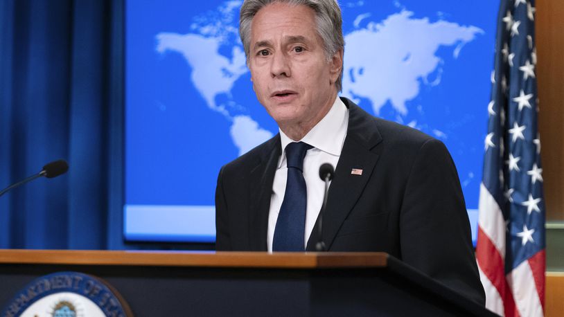 Secretary of State Antony Blinken speaks during a news conference about Russia's election interference at the Department of State in Washington, Friday, Sept. 13, 2024. (AP Photo/Jose Luis Magana)