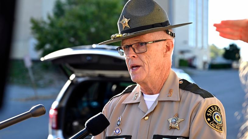 Deputy Gilbert Acciardo, Public information Officer with the Laurel County Sheriff's Office, gives details on the progress of the investigation of the shooting along I-75 in London, Ky., Sunday, Sept. 8, 2024. (AP Photo/Timothy D. Easley)