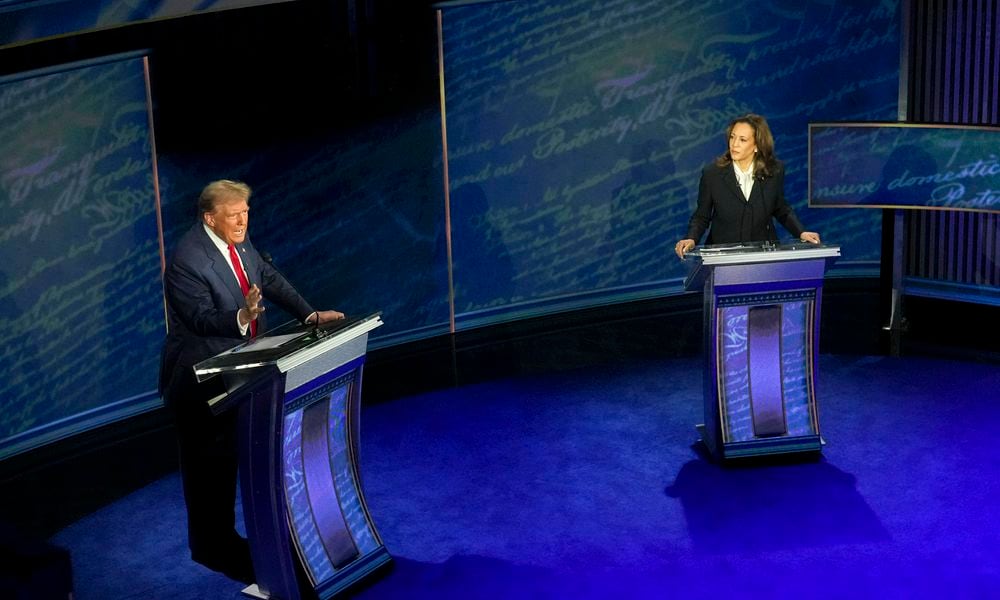  Former President Donald Trump and Vice President Kamala Harris speak over each other during the presidential debate at the National Constitution Center in Philadelphia, on Tuesday, Sept. 10, 2024. During the debate, Trump used the phrase “execute the baby” to attack Harris for her support of abortion rights. (Doug Mills/The New York Times) 