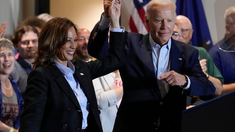 Democratic presidential nominee Vice President Kamala Harris and President Joe Biden arrive at a campaign event at the IBEW Local Union #5 union hall in Pittsburgh, on Labor Day, Monday, Sept. 2, 2024. (AP Photo/Jacquelyn Martin)