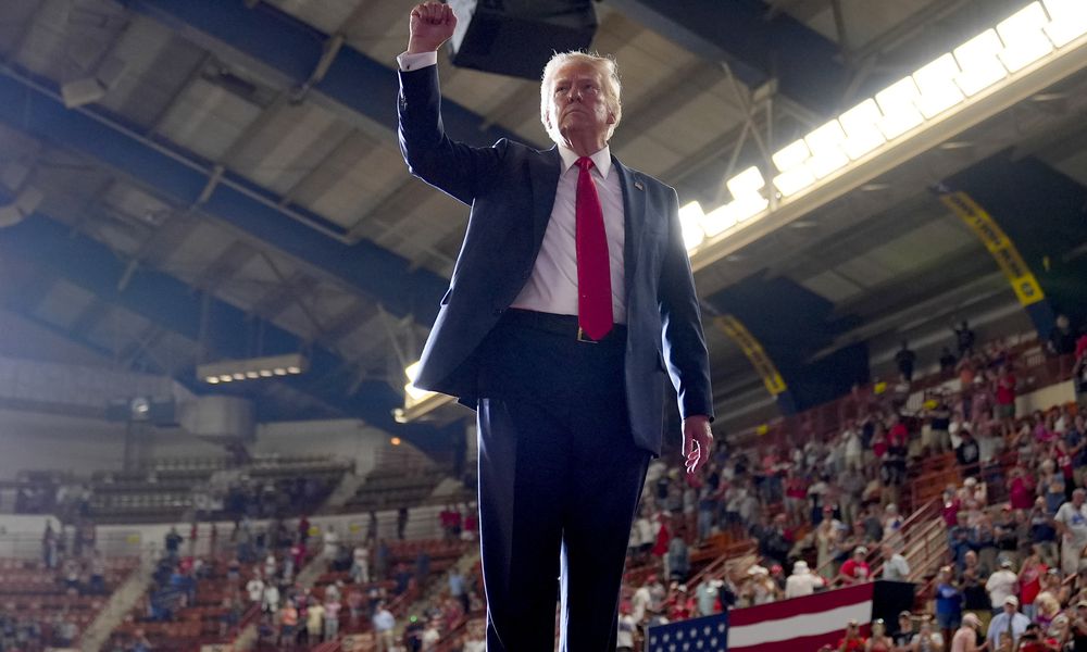 FILE - Republican presidential candidate former President Donald Trump gestures to the crowd after speaking at a campaign rally, July 31, 2024, in Harrisburg, Pa. Trump returns to Georgia on Saturday, Aug. 3, to hone in on Vice President Kamala Harris, his newly minted general election opponent, in a state that both major parties now see as up for grabs, yet again. (AP Photo/Alex Brandon, File)