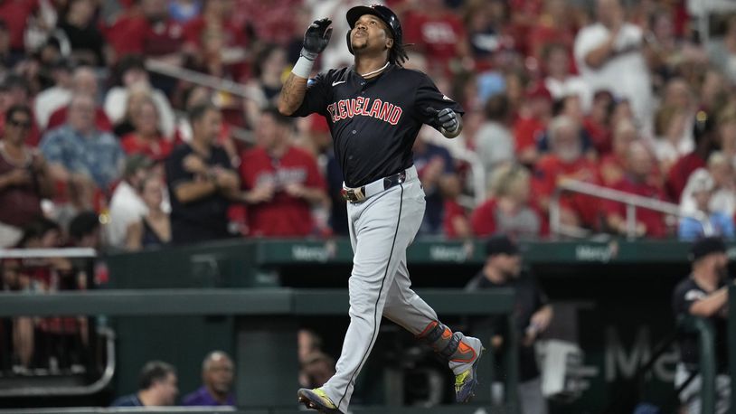 Cleveland Guardians' Jose Ramirez rounds the bases after hitting a solo home run during the fifth inning of a baseball game against the St. Louis Cardinals Friday, Sept. 20, 2024, in St. Louis. (AP Photo/Jeff Roberson)