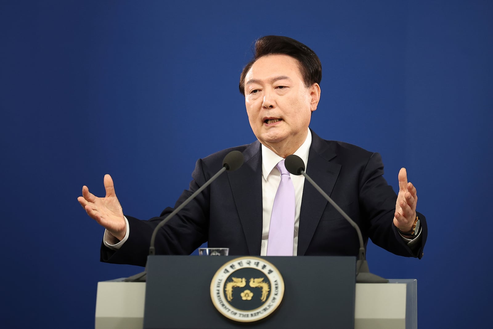 FILE - South Korean President Yoon Suk Yeol answers a reporter's question during a news conference at the Presidential Office in Seoul, South Korea, Thursday, Nov. 7, 2024. (Kim Hong-Ji/Pool Photo via AP, File)