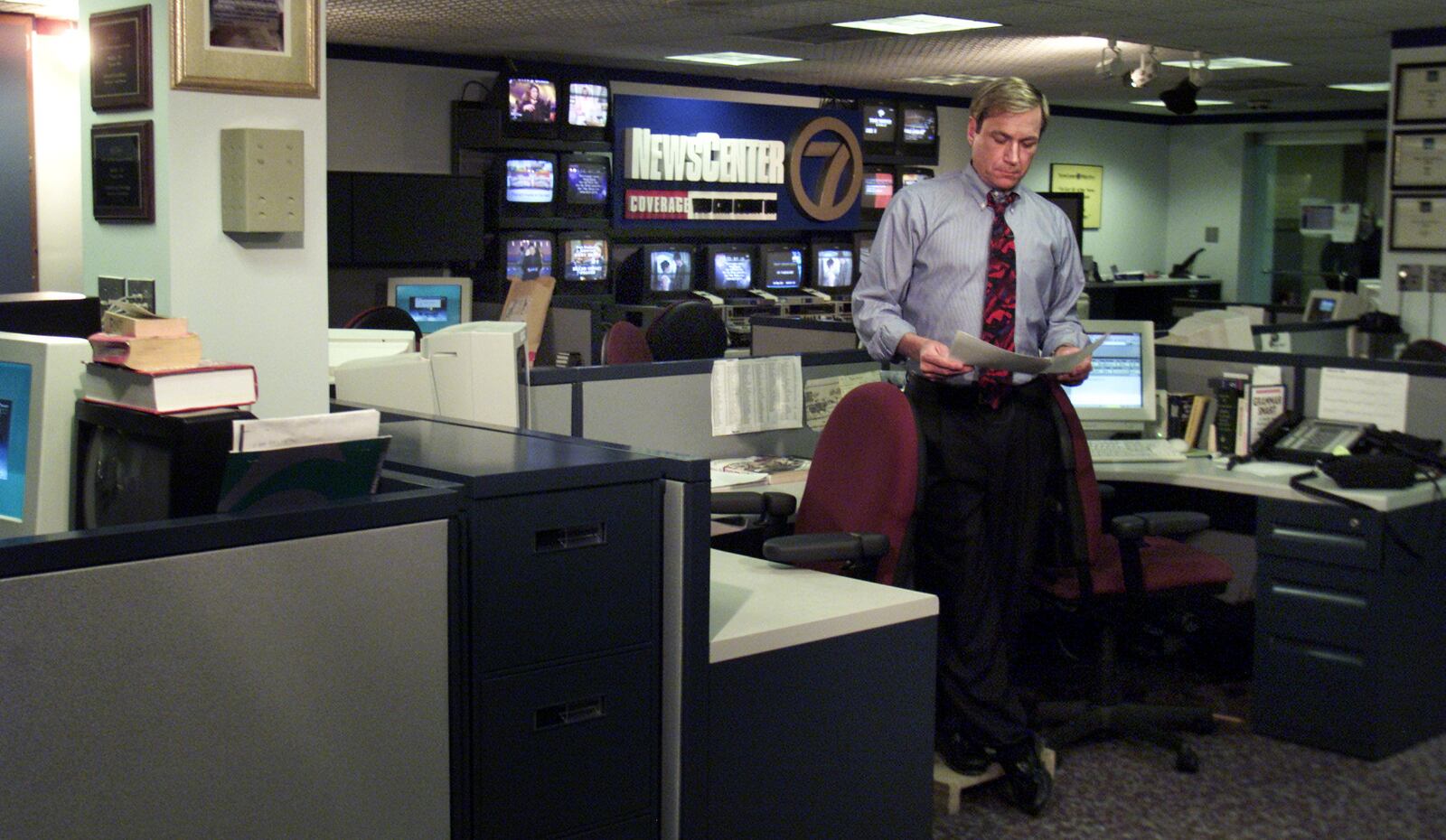 Ken Jefferson has been at WHIO for 25 years.  He came to Dayton from Evansville, Indiana, after graduating from the University of Florida. He is in the newsroom at Channel 7 getting ready for the noon news. STAFF FILE