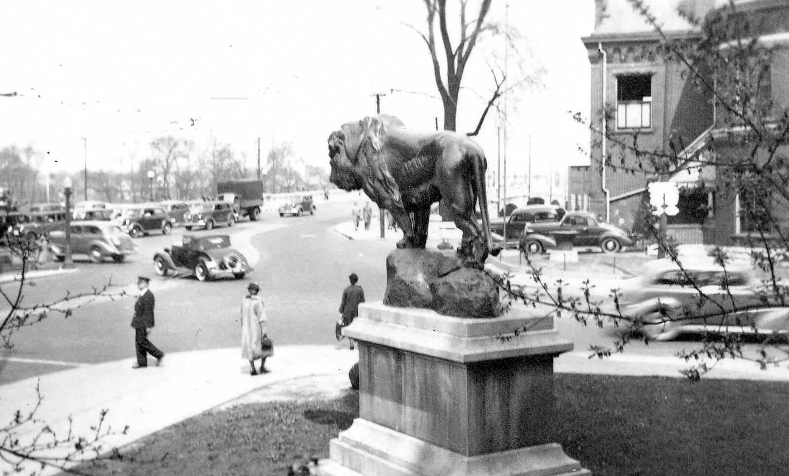 Leo the Lion, the Steele High School mascot, stood in front of the school at the corner of Main Street and Monument Avenue in Dayton. DAYTON METRO LIBRARY