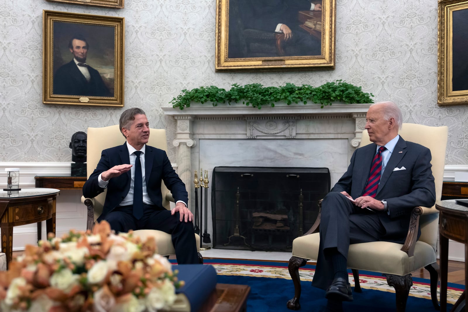 President Joe Biden meets with Slovenia's Prime Minister Robert Golob, left, in the Oval Office of the White House in Washington, Tuesday, Oct. 22, 2024. (AP Photo/Ben Curtis)