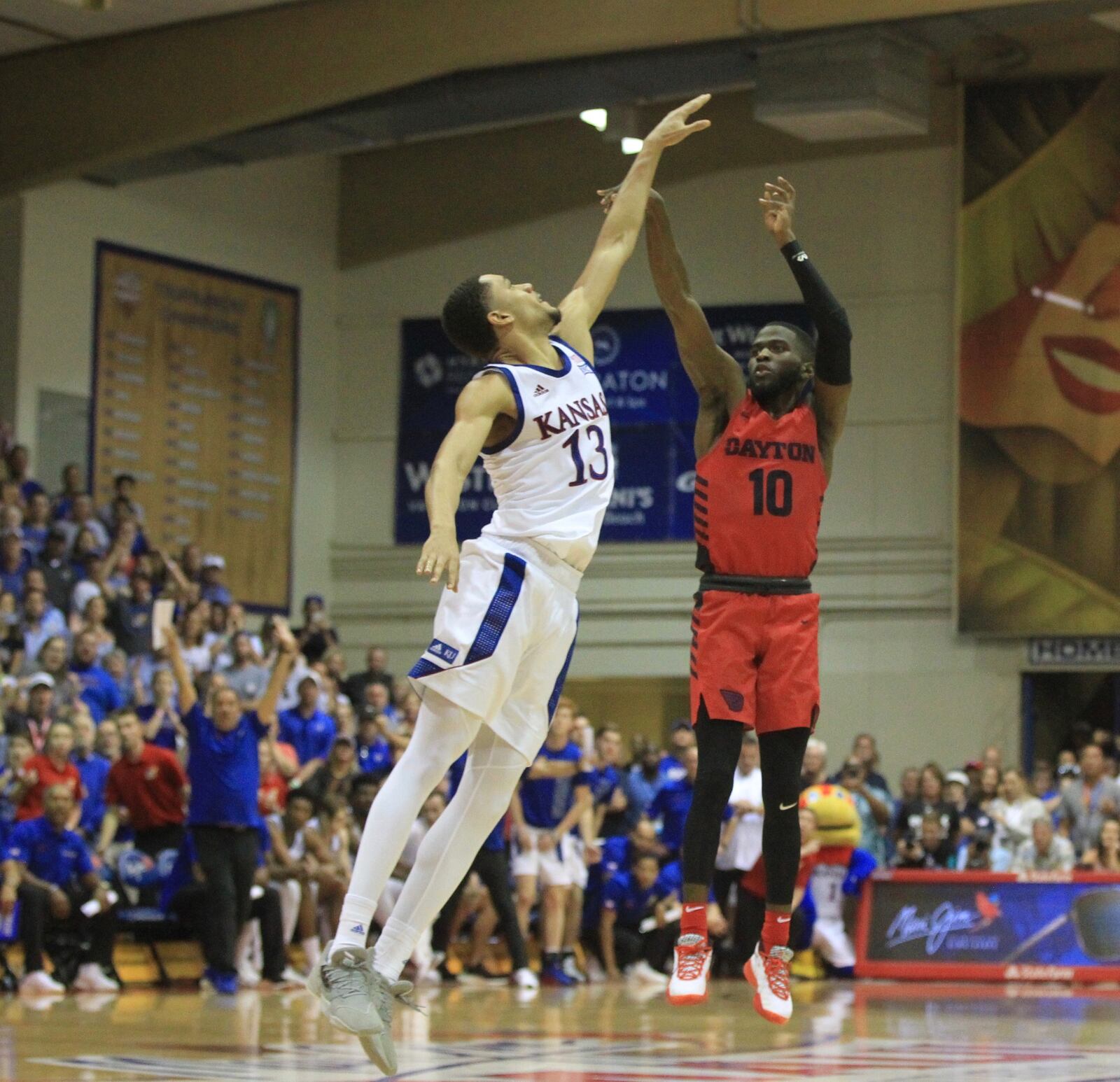 Dayton's Jalen Crutcher makes a 3-pointer in the final seconds against Kansas to send the game to overtime on Wednesday, Nov. 27, 2019, in the Maui Invitational championship at the Lahaina Civic Center.