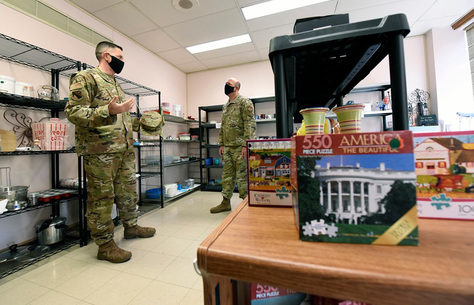 Chief Master Sgt. Jason Shaffer (left), 88th Air Base Wing command chief, and Col. Patrick Miller, 88 ABW and installation commander, tour the USO Airman’s Attic at Wright-Patterson Air Force Base on Oct. 23, 2020. U.S. AIR FORCE PHOTO/TY GREENLEES