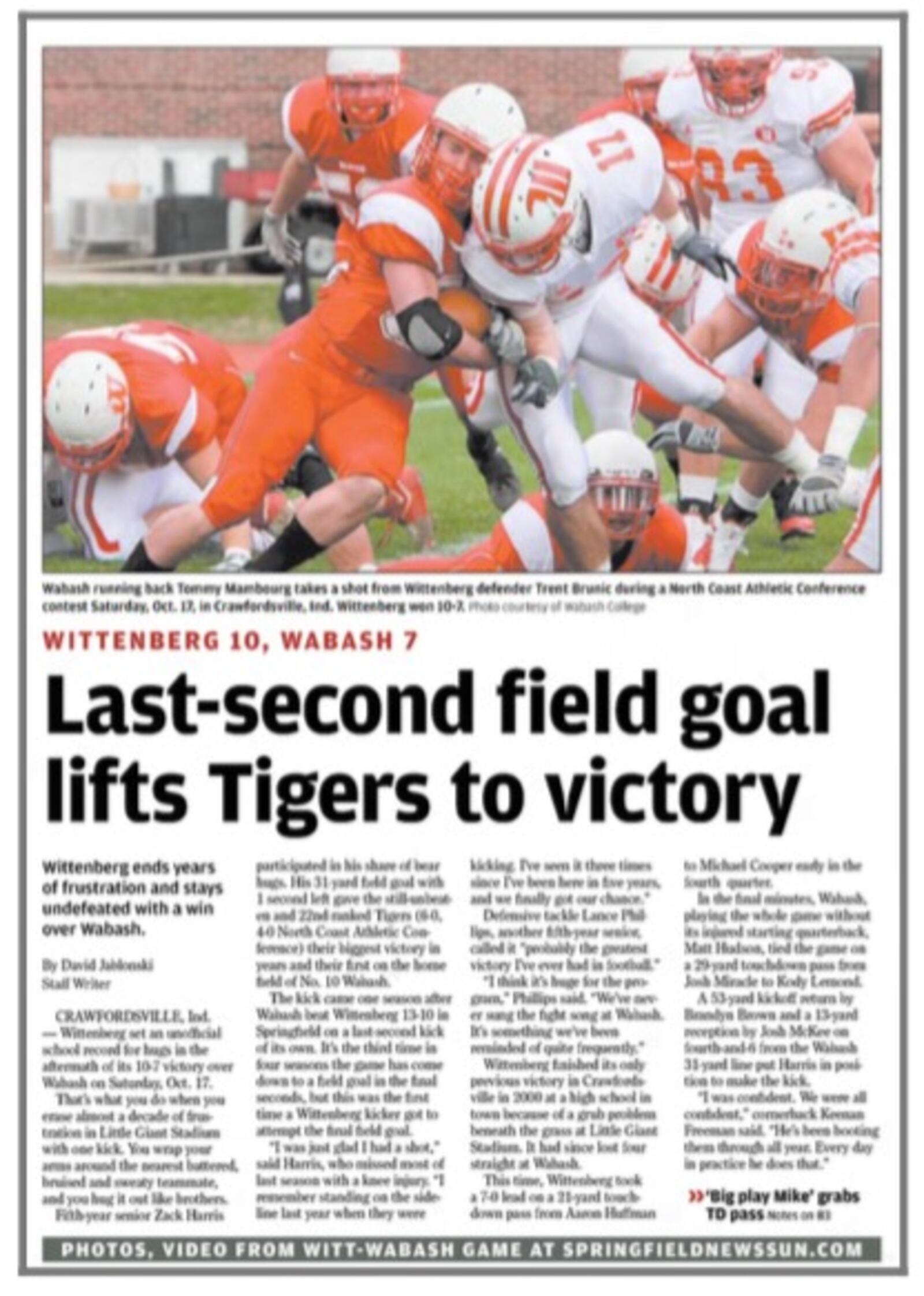 Wittenberg vs. Wabash in 2009 News-Sun.