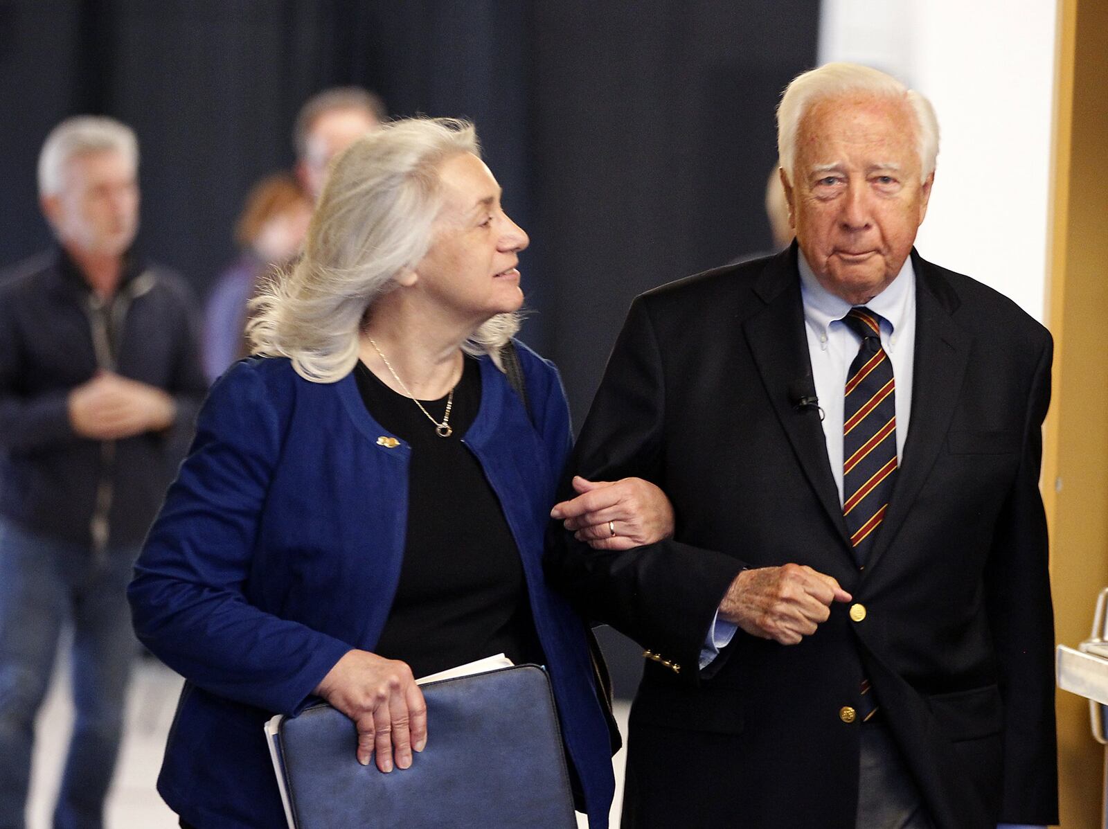 David McCullough, a two-time Pulitzer Prize winner and best selling author of “The Wright Brothers,” held a master class at Wright State University in 2016. Escorting McCullough is Dawne Dewey, head of special collections and archives for Wright State University Libraries. LISA POWELL / STAFF