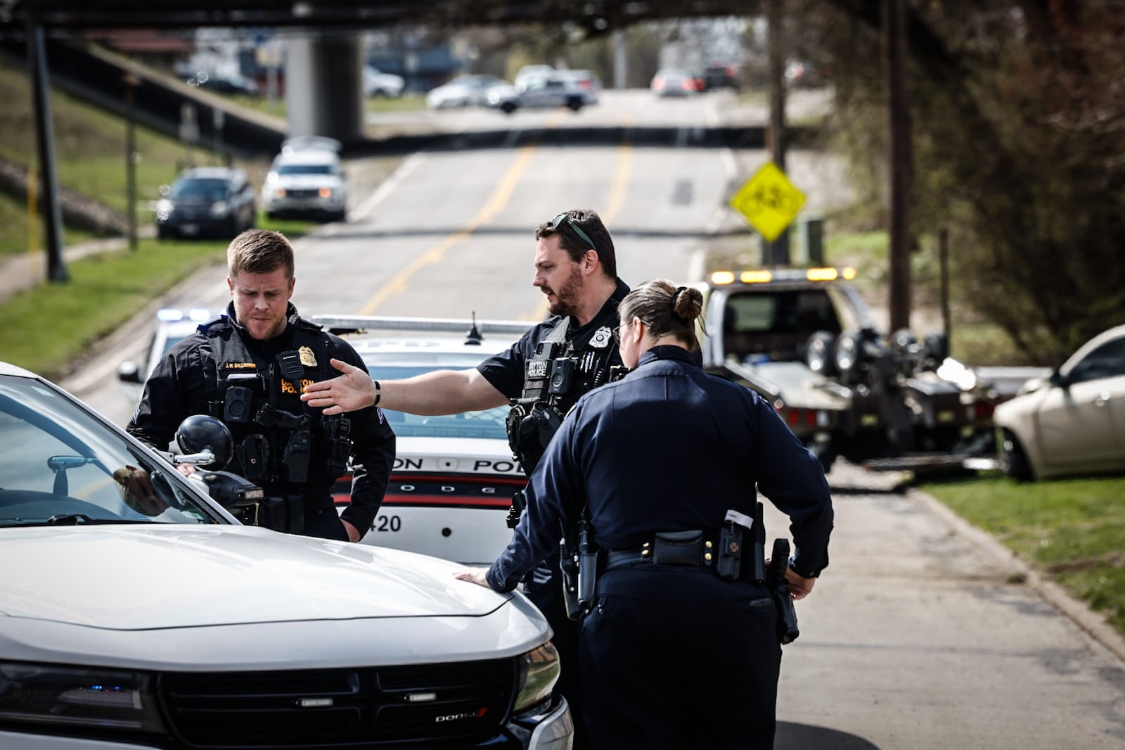 A police pursuit involving multiple departments ended in a crash late Tuesday morning, March 28, 2023, on Spinning Road in Riverside. JIM NOELKER/STAFF