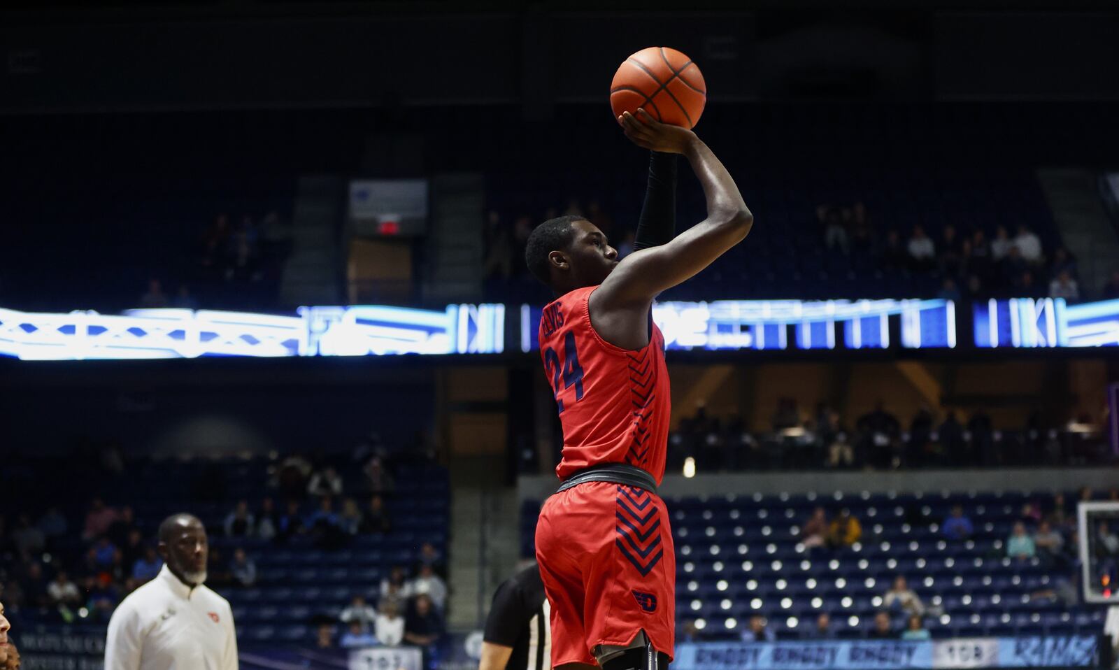 Dayton's Kobe Elvis shoots against Rhode Island on Wednesday, Jan. 25, 2023, at the Ryan Center in Kingston, R.I. David Jablonski/Staff