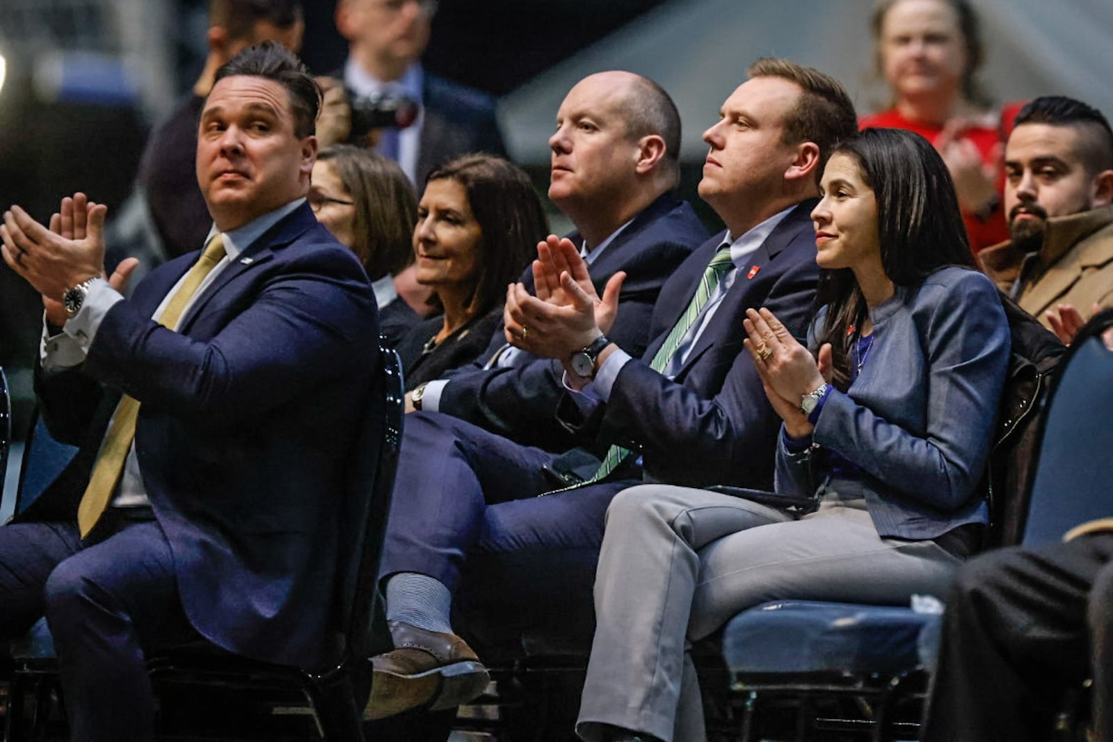 Ohio Gov. Mike DeWine and local leaders held a news conference at the National Museum of the US Air Force Wednesday February 1, 2023, to promote his initiative to create new innovation hubs throughout the state. JIM NOELKER/STAFF