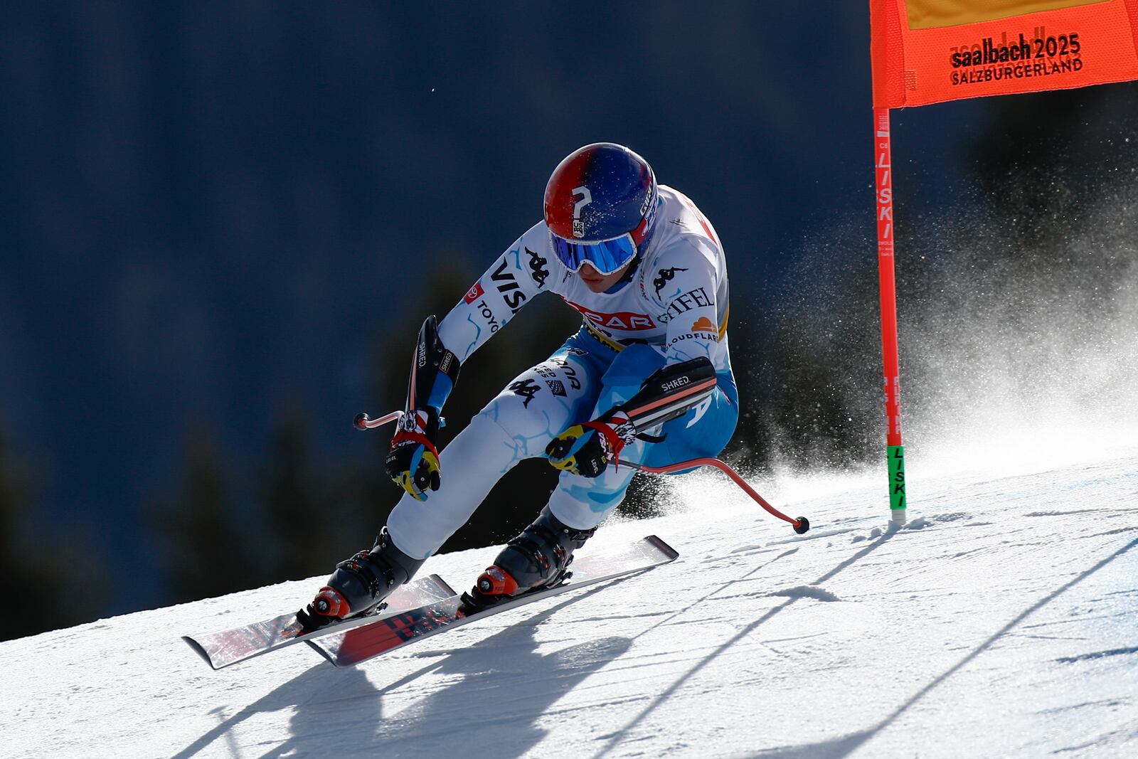 United States' Lauren Macuga speeds down the course during a women's Super-G, at the Alpine Ski World Championships, in Saalbach-Hinterglemm, Austria, Thursday, Feb. 6, 2025. (AP Photo/Gabriele Facciotti)