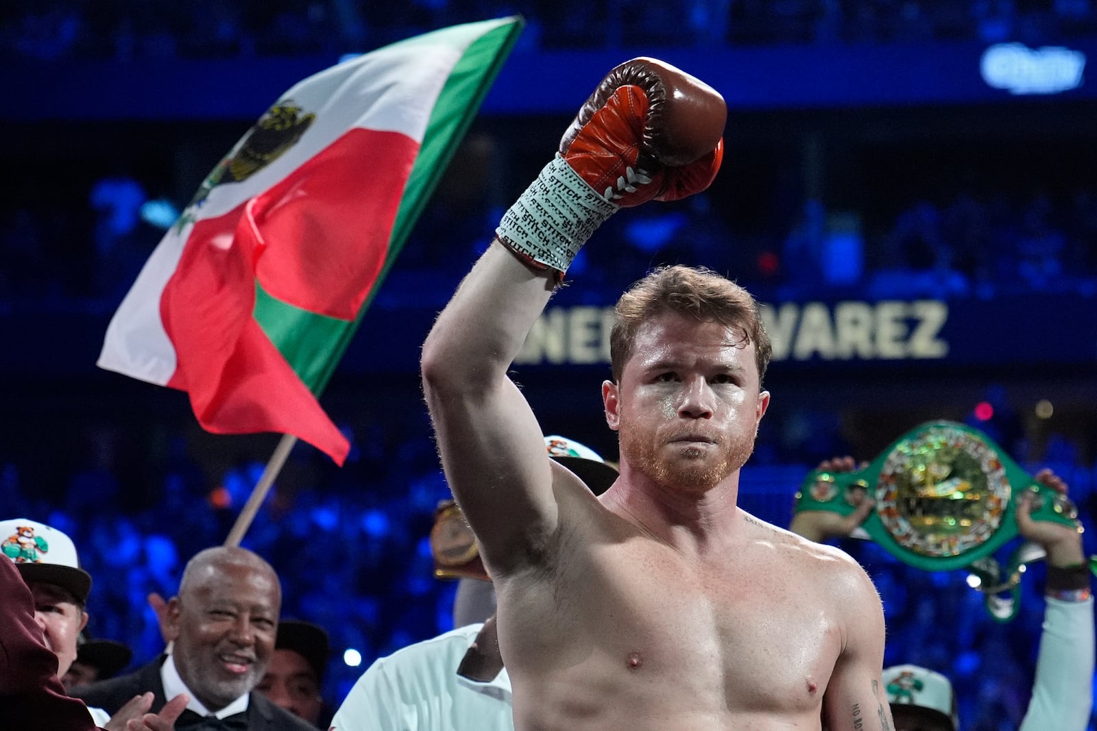 FILE - Canelo Alvarez reacts before fighting Edgar Berlanga in a super middleweight title bout on Sept. 14, 2024, in Las Vegas. (AP Photo/John Locher, File)