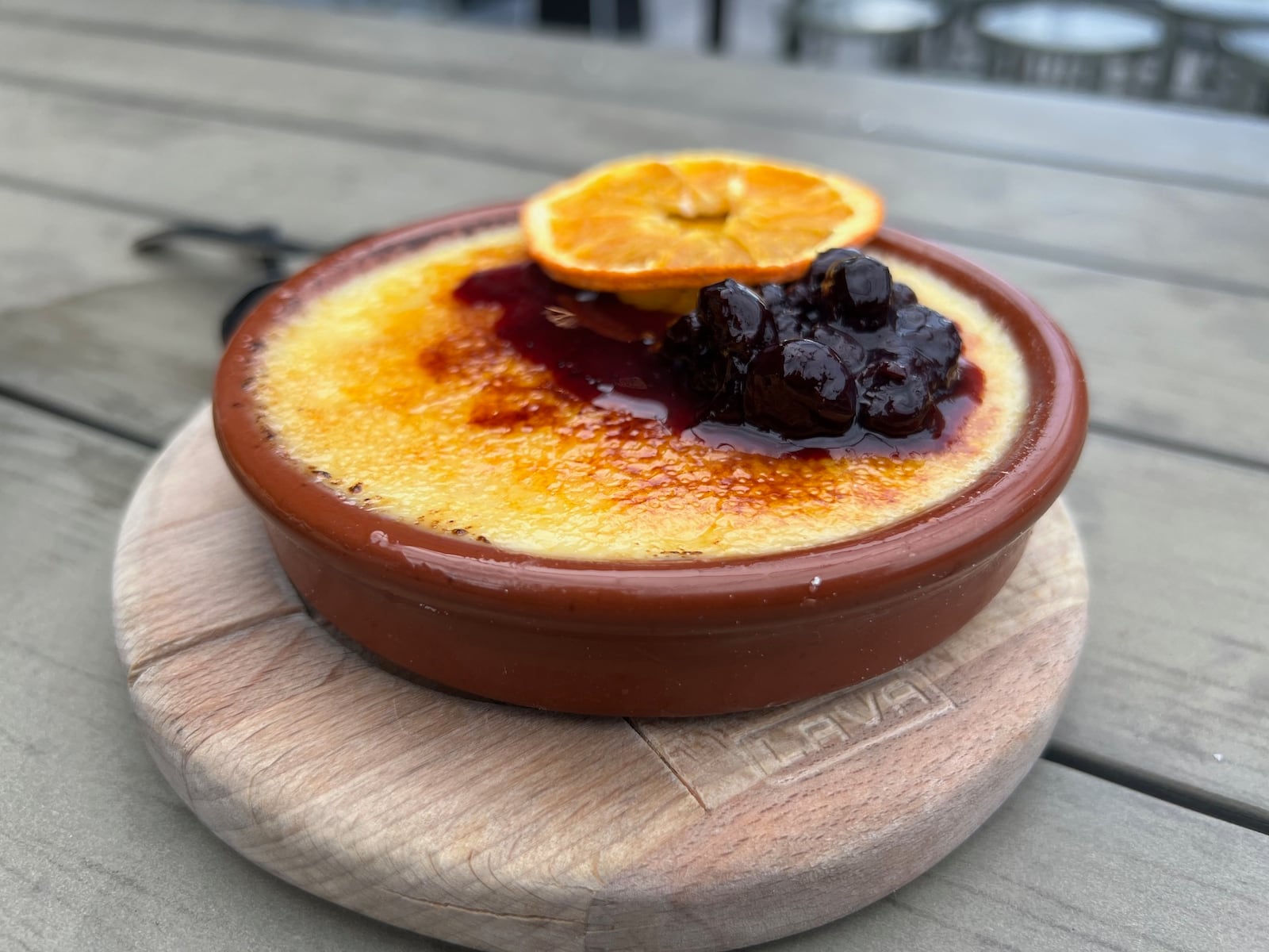 Desserts at The Foundry include a maple carrot cake ($9), dark chocolate terrine ($8) and a summery lemon thyme crème brulée topped with a blueberry compote (pictured).