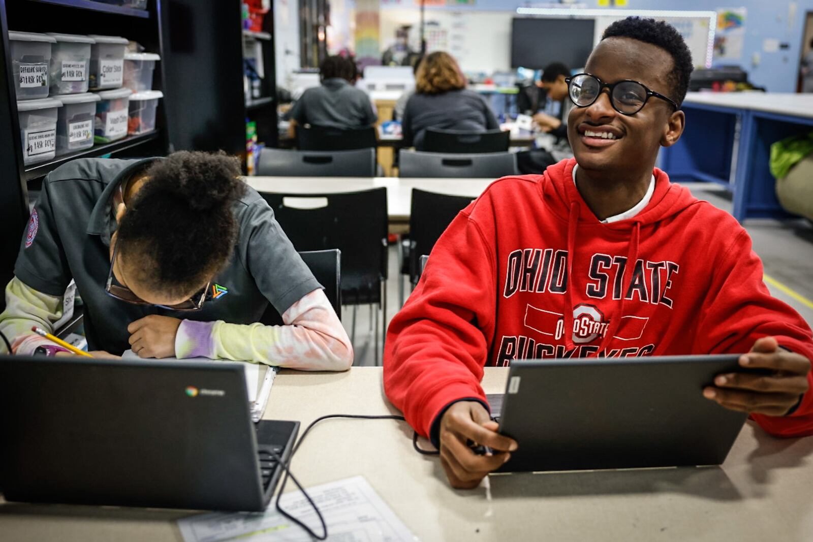 Belmont High School students from left, Deona McDonald and Jordan Ivy, work on projects Tuesday, January 23, 2024. Both McDonald and Ivy are in a special education program called Project Life. Jim NOELKER/STAFF