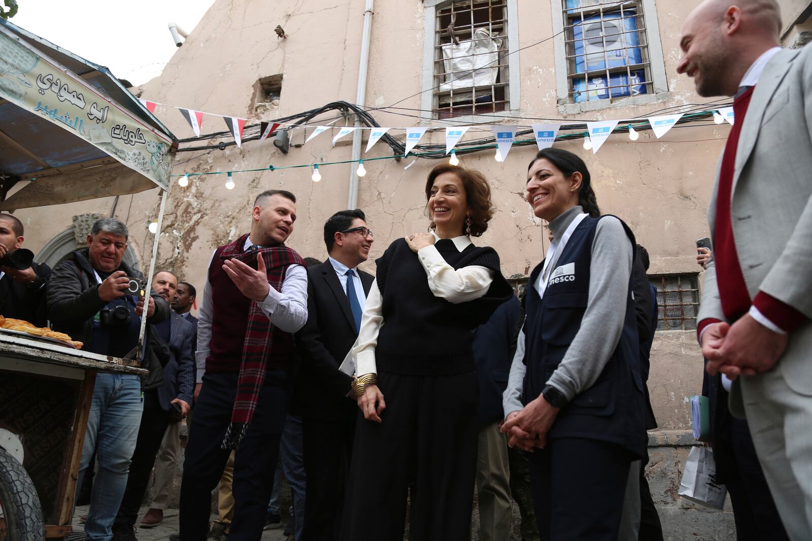 UNESCO Director-General Audrey Azoulay tours the area as she visits historic sites in Mosul, Iraq, Wednesday, Feb. 5, 2025, reconstructed by UNESCO after being damaged in battles with the Islamic State group when it held the city. (AP Photo/Farid Abdulwahed)