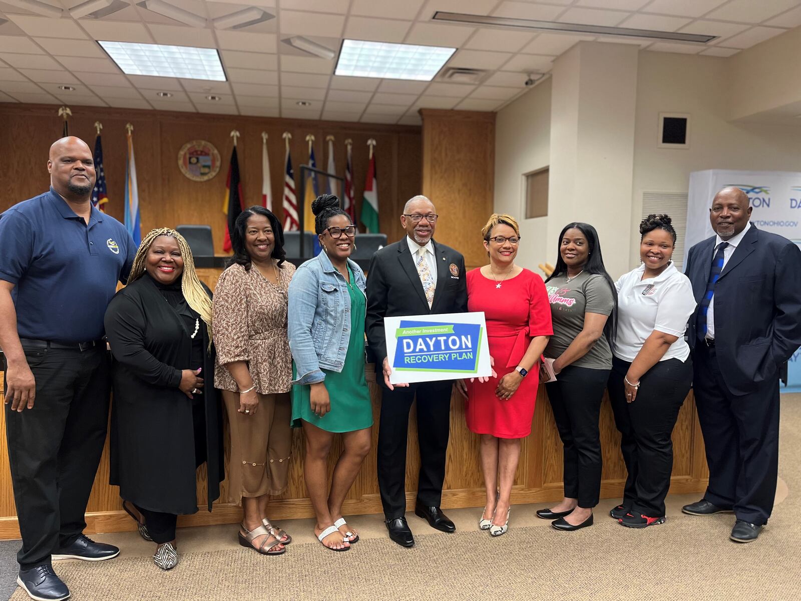 Dayton Mayor Jeffrey Mims Jr., Willie Hill with the Greater Cincinnati Microenterprise Initiative 
and Nikol Miller and Utsey Shelton with the Miami Valley Urban League gather with some of the recipients of the first round of funding through a new micro-grant program. Recipients included Kourtney Terry, with Taste-T-Love Baby Food; Paula Willis, with Zen DIY Studio; Tracey Lawson, with JA’s & Sweet-Umms; Roeneisha Wallace, with Rosie’s Vending Company; and Albert Powell, with CPM Enterprises LLC. CORNELIUS FROLIK / STAFF