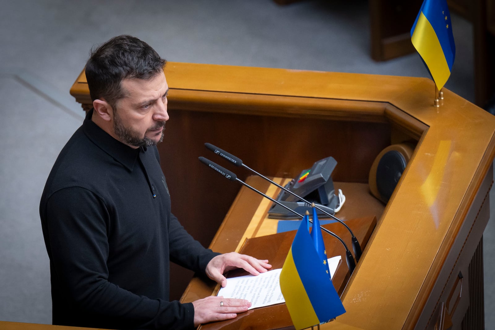 In this photo provided by the Press Service Of The President Of Ukraine on Oct. 16, 2024, Ukraine's President Volodymyr Zelenskyy speaks to parliamentarians at Verkhovna Rada in Kyiv, Ukraine. (Press Service Of The President Of Ukraine via AP)